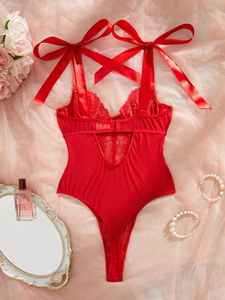 Lingerie sexy transfrontalière européenne et américaine 2025 : <span class=keywords><strong>Body</strong></span> moulant en dentelle à imprimé résille avec bretelles à nœud papillon et <span class=keywords><strong>décolleté</strong></span> <span class=keywords><strong>plongeant</strong></span> - Product Image 2