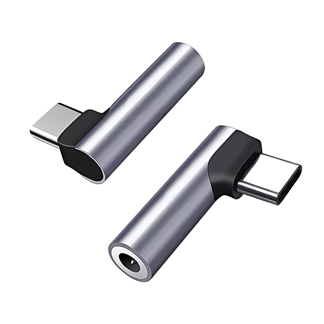 USB C to 3.5mm Audio Adapter Type C Aux Headphone Jack DAC Stereo Mic HiFi Right Angle Dongle Compatible with iPhone 17 15 Gray