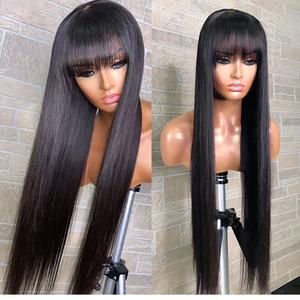 Perruque en cheveux humains naturels lisses, faite à la main, avec frange, pour femme noire, dentelle frontale transparente, 100% cheveux humains - Product Image 6