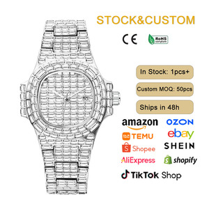 PINTIME 008 <span class=keywords><strong>Montre</strong></span> de luxe à quartz pour homme, style hip-hop, étanche au quotidien, personnalisée avec strass, bracelet en acier inoxydable - Product Image 1