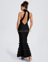 Ocstrade Hochwertige Schwarze Elegante Abendkleider mit Neckholder, Ärmellos, Offenem Rücken, Rüschen und Meerjungfrauen-Silhouette – Eng Anliegende Abendkleider für Damen