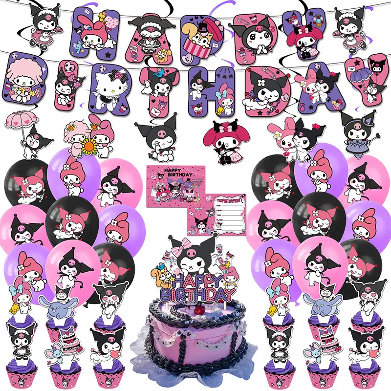 Cartoon Cute Kuromi Theme Birthday Party Decoration Supplies Set Com Papel Bolo Topper Látex Balões Banner Party Decorações