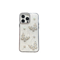 Coque de téléphone antichoc et électroplaquée en TPU rose pailleté avec motif papillon perlé pour iPhone 17 Pro, 15, 14 Pro Max, 13, 12
