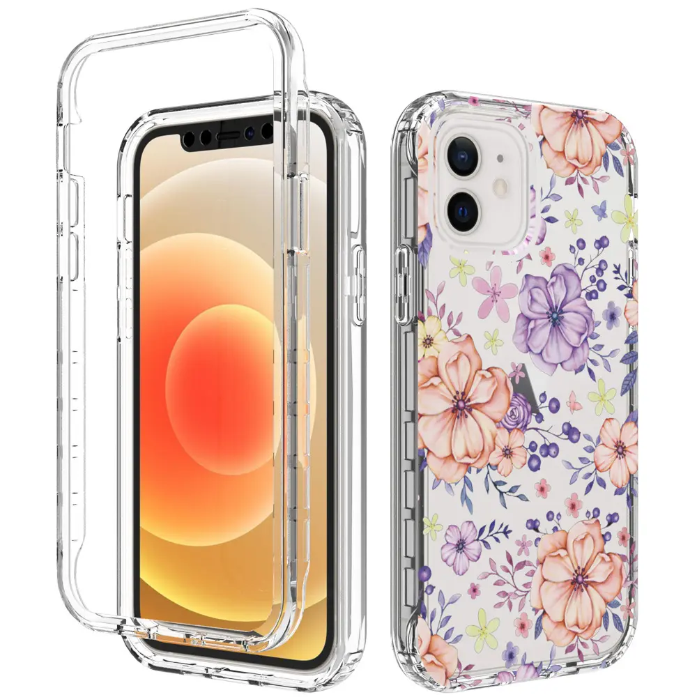 Clear Flower Design Case for iPhone 12 360 Full Body Transparent Floral Print Cover Case for iPhone 11 12 13