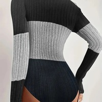 Combinaison à col roulé à manches longues pour femmes |   Haut ajusté en tricot côtelé à blocs de couleur |   Combinaison de style français pour femmes