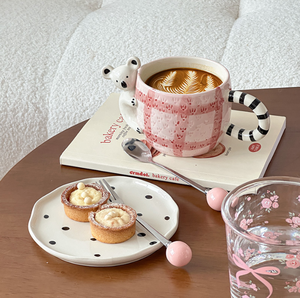 创意不规则粉色棋盘陶瓷咖啡杯午后考拉茶奶杯带茶碟套装 - Product Image 5