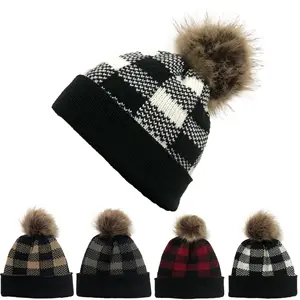 DLL390 Topi Kustom Pom Pom Dapat Dilepas Kualitas Tinggi Musim Dingin Pola Cek Topi Beanie Wanita Dewasa dengan Kancing Logam