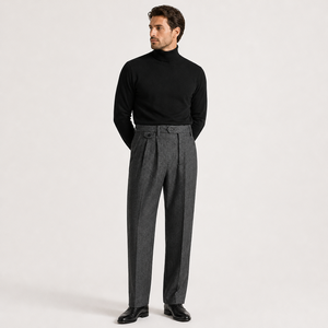 Pantalon en laine gris plissé taille haute pour homme, coupe droite, poids moyen, formel, automne, en laine peignée, infroissable, respirant, avec braguette zippée - Product Image 1