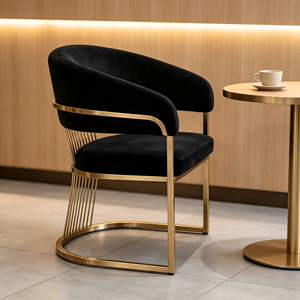 <span class=keywords><strong>Chaise</strong></span> de salle à manger de luxe en <span class=keywords><strong>velours</strong></span> à accoudoirs courbes, avec structure <span class=keywords><strong>cantilever</strong></span> en acier doré poli et dossier décoratif en fil métallique, pour usage commercial et résidentiel - Product Image 5