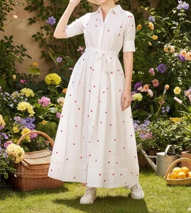 <span class=keywords><strong>Abito</strong></span> Lungo da Donna in <span class=keywords><strong>Lino</strong></span> Bianco <span class=keywords><strong>con</strong></span> Bottoni e Ricamo Cuore Rosso, Maniche Corte e Cintura per Uso Quotidiano - Product Image 1