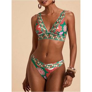 FOXA Ensemble bikini 2 pièces pour femme, motif floral bohème, débardeur à col en V, maillot de bain string taille haute, imprimé numérique extensible - Product Image 5