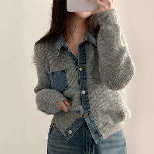 Suéter de Punto Casual de Moda para Mujer, Invierno 2025, Nuevo, con Diseño de Empalme de Mezclilla, Manga Larga - Product Image 1