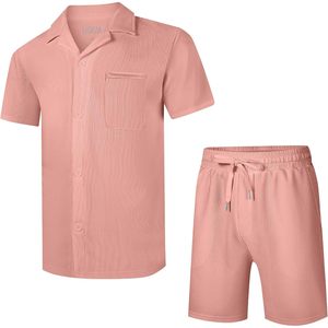 FOXA <b>Men's</b> 2 Piece Short Set Striped Cotton Button Down <b>Shirt</b> & Shorts Breathable Casual Summer <b>Beach</b> Outfit - Product Image 2