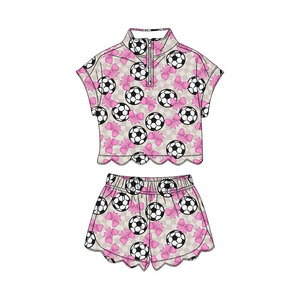 GSSO3753 Conjunto de ropa de verano para niña pequeña con estampado de fútbol y lazos rosas, sin mangas, para niñas. - Product Image 2