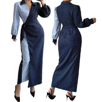 Robe longue sur mesure élégante à blocs de couleur et rayures, avec ceinture à nouer, manches longues, col à revers, tenue de bureau formelle, vente en gros OEM/ODM