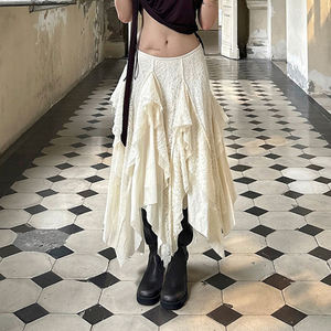 Bohemian Lace Tiered <b>Skirt</b>-Women's <b>A</b>-<b>Line</b> Midi Asymmetrical Ruffle Raw Hem Natural Waist Eco-Friendly Vacation Pure Desire Style - Product Image 1