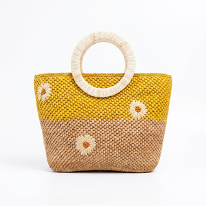 Bolso de Mano Bohemio de Rafia para Mujer, Diseño de Media Luna con Estampado Floral, Ligero, Abierto, con una Sola Correa, Pequeño, Capacidad de 3L, para Uso Diario - Product Image 1