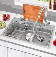Évier de cuisine multifonctionnel en acier inoxydable, grand évier simple avec panier d'égouttage et accessoires de robinetterie