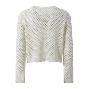 Pull court en tricot ajouré à manches longues et col rond, style décontracté et romantique à la <span class=keywords><strong>française</strong></span>, en <span class=keywords><strong>laine</strong></span>/viscose, avec fermeture boutonnée - Product Image 3