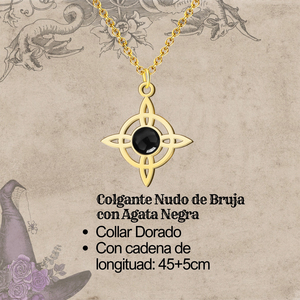 Ciondolo con nodo della strega in acciaio oro 18K con agata nera fortunata e amuleto religioso protettivo con motivo floreale - Product Image 3