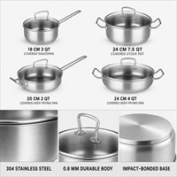 Lot de 8 ustensiles de cuisine en acier inoxydable : Casserole 18 cm, Marmite 24 cm, Poêle à frire profonde 20 cm, Poêle à double poignée 24 cm, Compatible induction