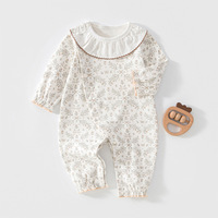 Combinaison pour bébé fille en coton à motif floral, col en dentelle à volants, manches longues, poignets à volants, boutons à pression, combinaison pour bébé