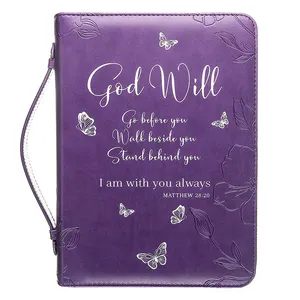 Fashion Christian Gift Women Bible Cover Case Bag in Purple with Butterflies for Large Bibles Up to 10 x 8 x 2 Inches