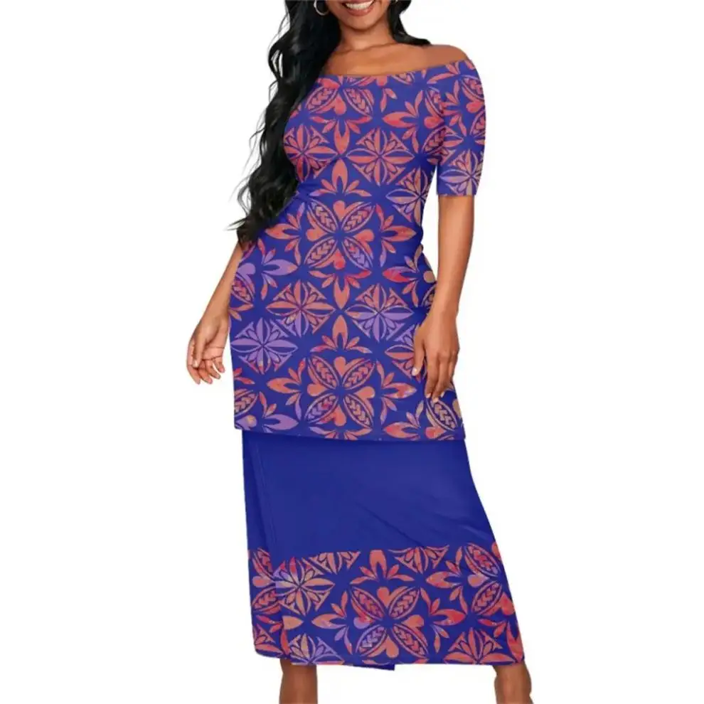 Ucuz Samoan Puletasi Drop Shipping ürünleri 2023 polinezya Fijian Tapa baskı adalı tarzı elbise setleri Minimum sipariş miktarı