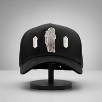Topi Baseball 5-Panel Hitam Oxford Vintage Washed, Aksen Etnik Hip Hop, Figur Santo Yudas Logam Perak, Kristal Berkilau, Salib, Titik, dan Buah-buahan