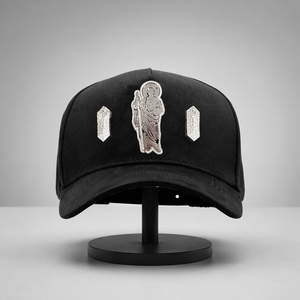 Casquette de baseball vintage noire délavée à 5 panneaux, style ethnique hip-hop, avec figurine <span class=keywords><strong>Saint</strong></span> Jude en métal argenté et écussons croix en cristal scintillant, respirante - Product Image 2