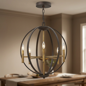 Pendentif suspendu en métal à cage ronde en laiton AK avec 6 lumières en noir et laiton fini antique pour décoration intérieure d'hôtel et de maison - Product Image 1