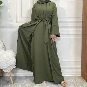 3 buah Set jilbab sederhana syal Islami Lebaran Kaftan mantel Burqa Abayas Dubai 2024 Kimono wanita gaun Muslim Abaya terbuka dengan saku