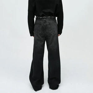 Jeans Negros Personalizados al por Mayor para Hombre, Estilo Urbano Hip Hop, con Dobladillo sin Rematar, Holgados, Lavado a la Piedra, Corte Recto, Jeans Personalizados para Hombre - Product Image 4