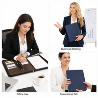 Portafolio de Cuero A4 Personalizado con Cierre, Doble Portaplumas y Portapapeles en Azul Marino con Logotipo para Reuniones de Negocios