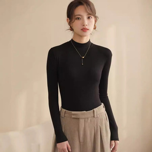 92% Viscose 8% Spandex Mock Neck <b>Long</b> <b>Sleeve</b> T Shirt Women Fitted Stretch Top <b>Tshirts</b> Wholesale - Product Image 3