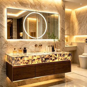 Mueble de <span class=keywords><strong>Baño</strong></span> con Encimera de Mármol Brillante, Gabinete Flotante de Madera con Espejo con Luz LED y Detalles Metálicos Dorados <span class=keywords><strong>para</strong></span> Baños de Alta Gama - Product Image 1