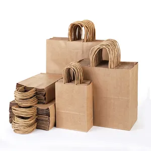 Sacchetto di carta per la spesa regalo con manico piatto riciclabile multicolore sacchetti di carta marrone kraft con il tuo logo