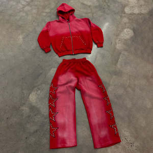 Conjunto de Sudadera con Capucha y Pantalones de Chándal de Algodón Grueso con Cremallera, Estilo Streetwear, Lavado Ácido, Efecto Desgastado por el Sol, con Pedrería y Logotipo Personalizado - Product Image 1