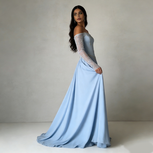 Robes de soirée maxi pour femmes, élégantes et formelles, à manches longues en maille transparente, à épaules dénudées, avec corsage en satin orné, bleu clair - Product Image 4