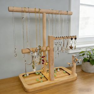 Wooden Jewelry Storage Rack With Hanging Rods And Compartments For Necklaces Earrings Bracelets Rings Desktop Organizer - Product Image 2