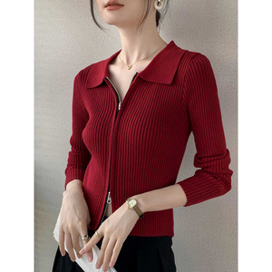 Sucesso de Vendas 2026: Cardigãs de Tricô Canelado Curto Ajustado com Gola Polo, Elegantes, Lisos, para Sobreposição, com Zíper, para Outono, e Casacos - Product Image 1