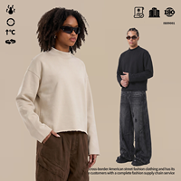 Sweat-shirt court à col montant pour homme, coupe ample, manches longues, ourlet brut, en coton bouclé épais, style streetwear rétro, décontracté automne