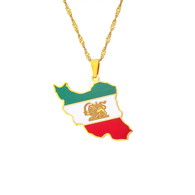 Kalung negara Iran peta dunia Enamel berlapis emas Retro kalung liontin peta Iran baja tahan karat untuk hadiah