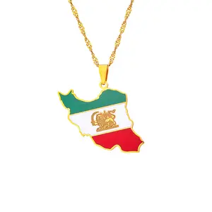 Retro vergoldete Emaille Weltkarte Iran Länderkette Edelstahl Iran Karte Anhänger Halskette als Geschenk