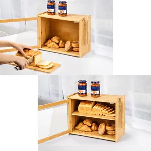 Natural Bamboo Bread Bin Double Layer Bread Box with Cutting Board Clip and Door