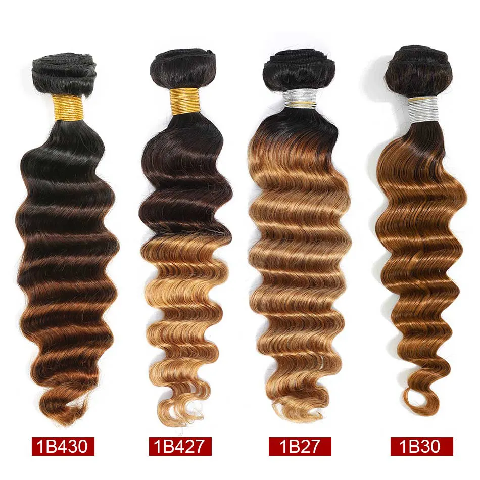 Peruvian Deep Wave Human Hair Bundles With Closure Ombre Brown Color Closure With Bundles For Black Women Remy
