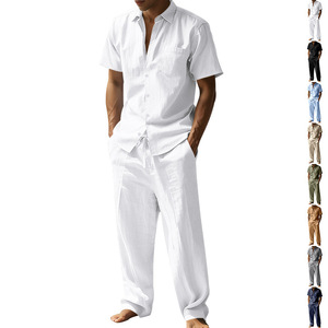 New European and American Style <strong>Men's</strong> <strong>Linen</strong> Casual Solid Color Short-sleeved <strong>Shirt</strong> and Trouser Suit, Summer <strong>Linen</strong> Material - Product Image 1