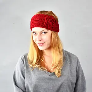 MIO Winter Warm Women Chunky Knit Headband Ear Warmer Solid Color Cozy Stretchy Big Flower Hair Band Crochet Head Wraps Button