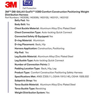 3M Comfort Construction Weight Distribution Positioning Safety Harness Steel D-ring Adjustable Length Quick <b>Connect</b> 1200 Kg - Product Image 3