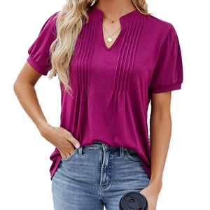 T-shirt en coton pour femme, col en V, manches courtes, pull, texture froissée, imprimé uni, motif, coupe ajustée, style décontracté, dentelle - Product Image 3